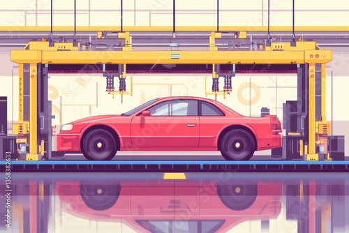 Red Sedan in Automated Car Manufacturing Process with Robotic Arms