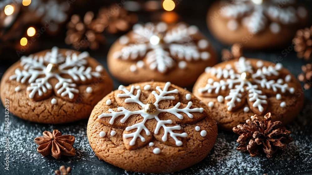Festive Cookies Decorated With White Snowflake Icing Presenting For Dessert Festive Cookies Decorated With White Snowflake Icing Presenting For Dessert