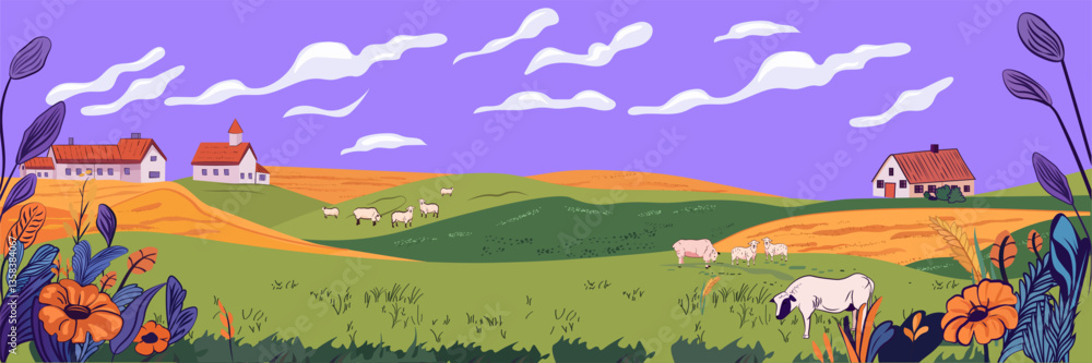 Fototapeta premium Pastoral landscape sheep grazing countryside scene rolling hills vibrant colors flowers houses purple sky decorative elements website banner