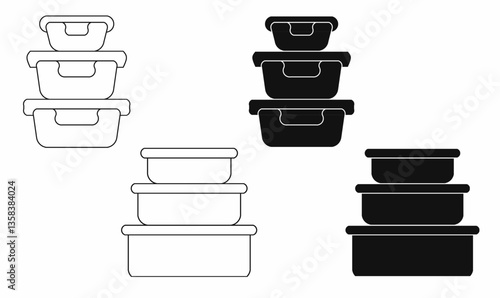 Vector icon set of stackable food containers in black and white, outline and solid styles. Perfect for packaging, storage, and kitchen-related designs.