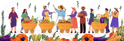 Farmers market people selling fresh vegetables colorful carts diverse group vibrant scene plants hats outdoor setting banner design
