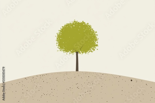 Green Tree on Hill with Minimalist Design and Soft Background Colors