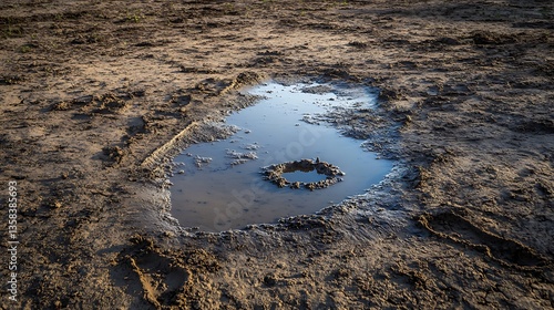 A water puddle with surrounding muddy ground on a field