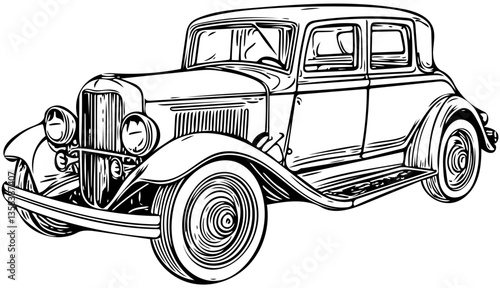 Classic vintage car in detailed black vector illustration, side rear view on transparent background
