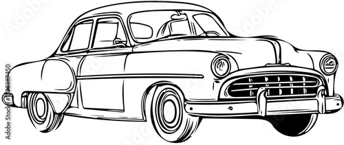 Classic vintage car in detailed black vector illustration, side rear view on transparent background
