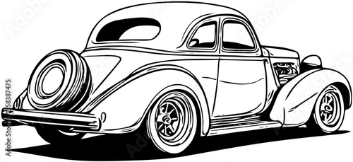 Classic vintage car in detailed black vector illustration, side rear view on transparent background
