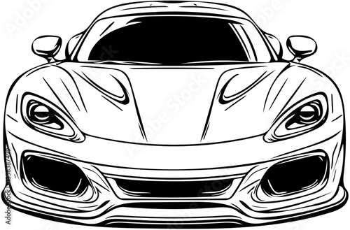 Bold front view of futuristic sports car in black silhouette vector style, isolated on transparent background
