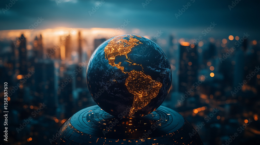 Fototapeta premium Planet Earth set against a modern cityscape, with a blurred background emphasizing the chaos and global connection in a rapidly urbanizing world with a bright tone