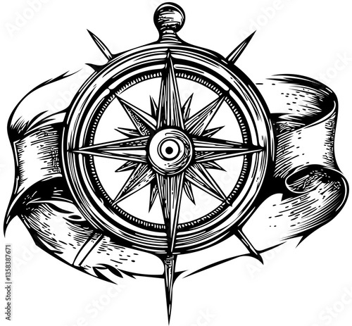 Vintage compass rose with detailed nautical points and decorative ribbon in vector style, on transparent background
