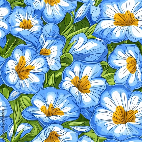 Vibrant Seamless Pattern of Mini Blue Morning Glories with Bright Yellow Centers in a Whical Stylized Illustration Design