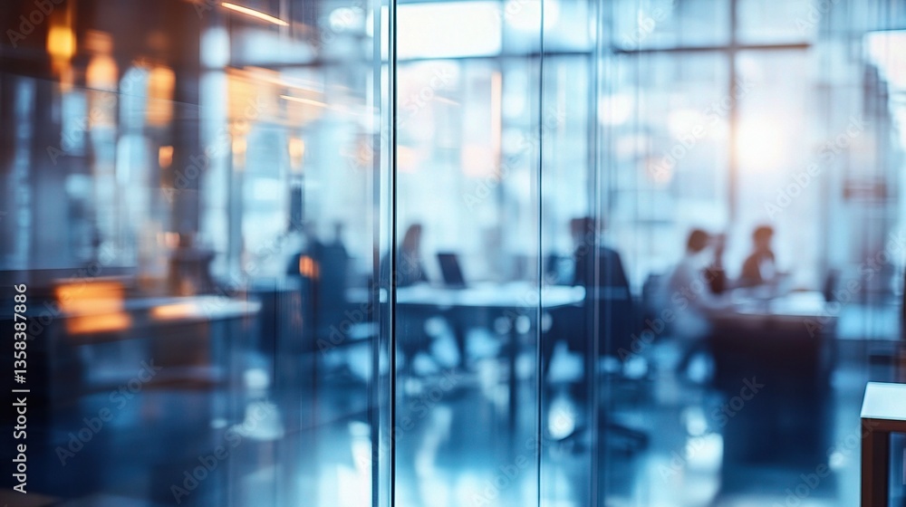 Blurred Office Scene with People Working Behind Glass Panels Blurred Office Scene with People Working Behind Glass Panels