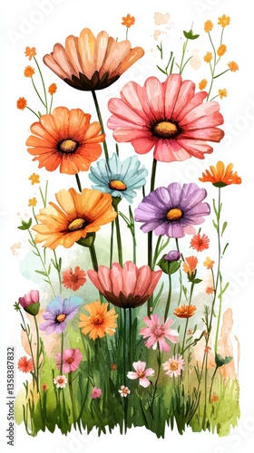A Stunning Watercolor Painting of a Lush Sun-Drenched Meadow Filled with Colorful Daisies and Natural Beauty in Bloom