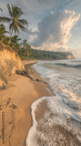 Serene Sun-Kissed Beach with Golden Sands Gentle Waves and Dramatic Cliff Face Framed by Lush Palm Trees in Paradise