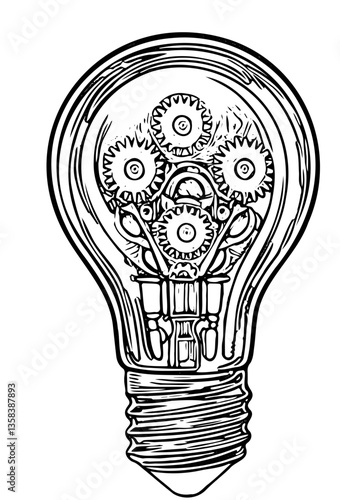 Steampunk style lightbulb filled with gears and cogs in black vintage vector, isolated on transparent background
