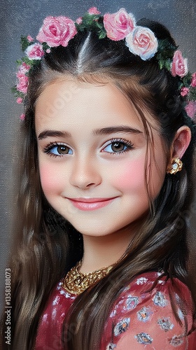 A radiant portrait of a smiling young girl with rosy cheeks wea a pink rose crown and golden accents in a glowing studio