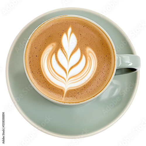 Overhead View of a Cappuccino with Latte Art in a Light Blue Cup and Saucer on a White Background


