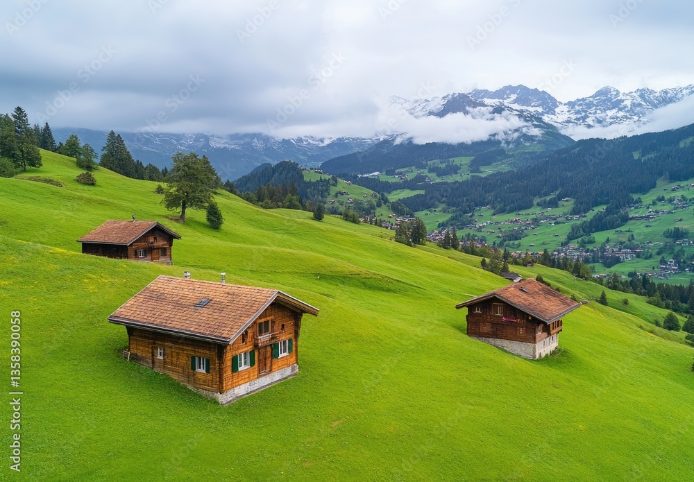A panoramic view of the Swiss countryside, with rolling green hills and quaint wooden houses nestled among lush trees under overcast skies A panoramic view of the Swiss countryside, with rolling green hills and quaint wooden houses nestled among lush trees under overcast skies