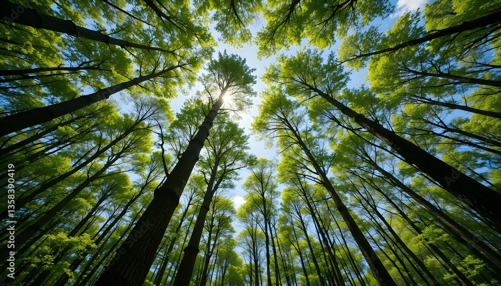 Sunlit Forest Canopy with Tall Trees and Lush Green Leaves Captured from Below Sunlit Forest Canopy with Tall Trees and Lush Green Leaves Captured from Below