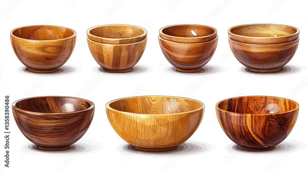 Several various wooden bowls are displayed against a white backdrop Several various wooden bowls are displayed against a white backdrop