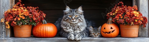 Wallpaper Mural Two cats and pumpkins are centered beside fall flowers Torontodigital.ca