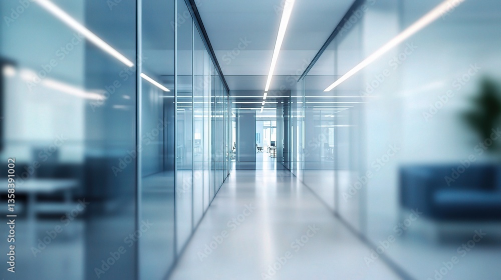 Brightly Lit Blurred Office Corridor with Modern Glass Partitions Brightly Lit Blurred Office Corridor with Modern Glass Partitions