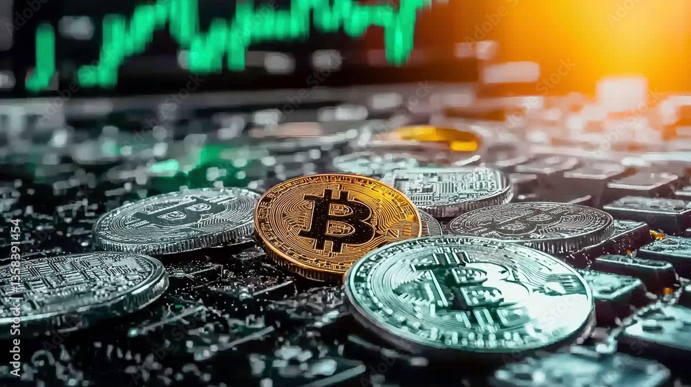 Bitcoin coins on a circuit board Bitcoin coins on a circuit board