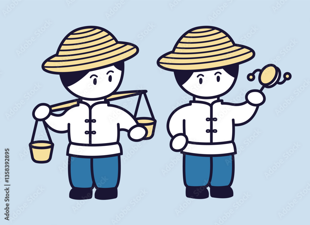 Traditional Chinese Peddler Characters With Shoulder Pole And Rattle Drum Traditional Chinese Peddler Characters With Shoulder Pole And Rattle Drum