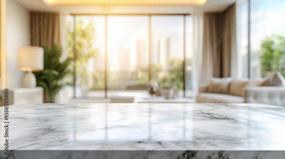 Elegant Marble Table with Blurred Living Room Background Elegant Marble Table with Blurred Living Room Background