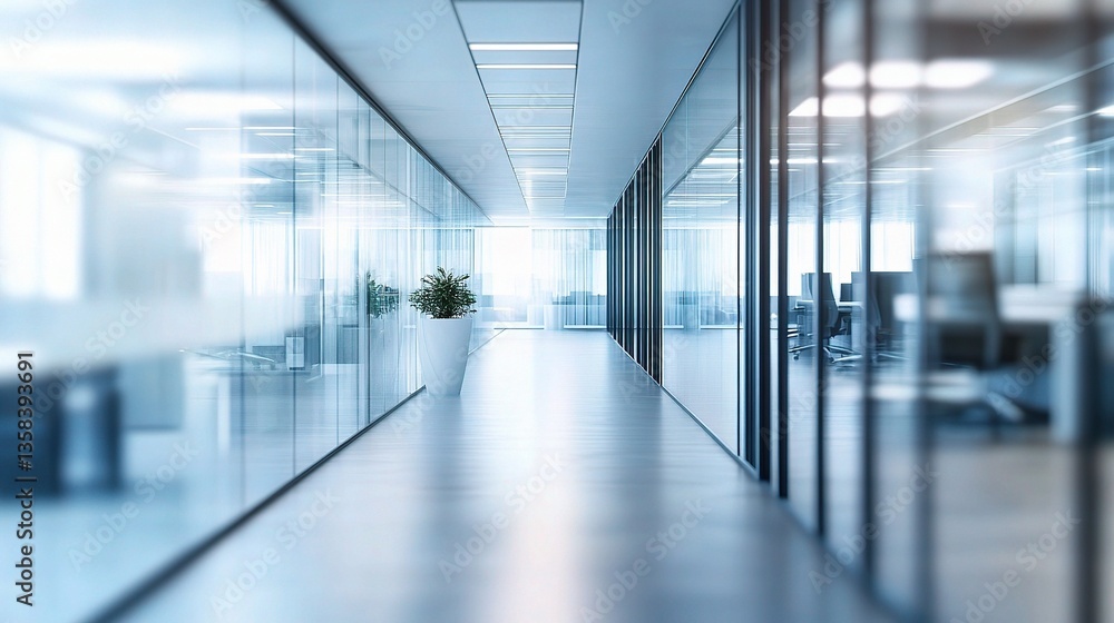 Bright and Modern Office Corridor with Glass Walls and Lighting Bright and Modern Office Corridor with Glass Walls and Lighting
