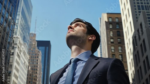 Wallpaper Mural A confident businessman, looking upwards towards the sky, in the midst of a city scene. Torontodigital.ca
