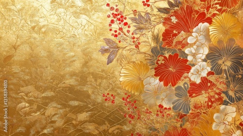 Red And White Flowers On Gold Leaf Background