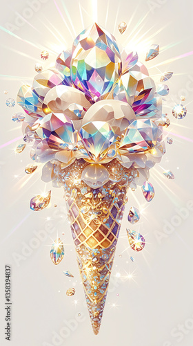 The Luxurious Crystal Gemstone Ice Cream Cone of Sparkling Fantasy Dessert. Ideal for use in digital art, posters, branding, and unique decorative compositions.