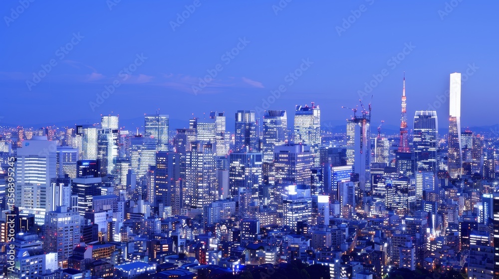 Obraz premium City skyline at dusk, illuminated buildings and glowing lights under a dark blue sky