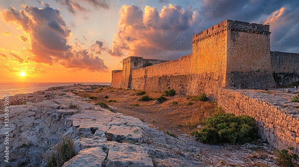 Fototapeta premium Coastal sunset view of ancient fortress walls