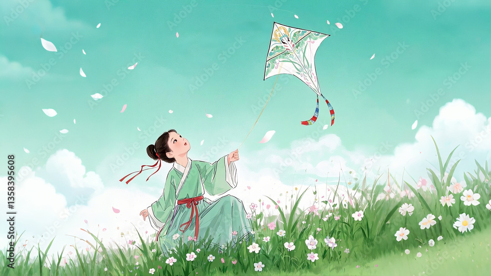 Children flying kites in the field