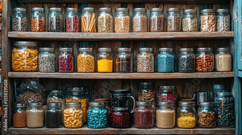 Wallpaper Mural Colorful spice jars on wooden shelves Torontodigital.ca