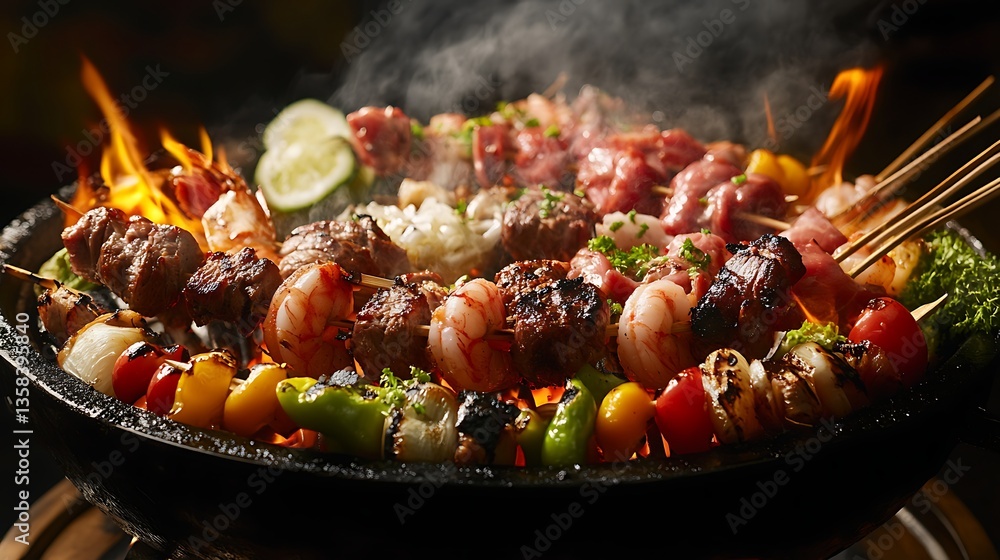 Grilled skewers of various meats and vegetables on a grill Grilled skewers of various meats and vegetables on a grill