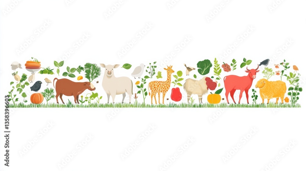 Colorful Farm Animals and Fresh Vegetables in a Nature Landscape Colorful Farm Animals and Fresh Vegetables in a Nature Landscape