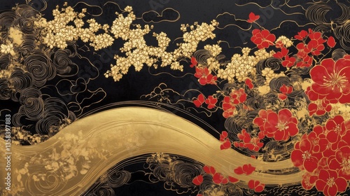 Elegant Gold and Red Floral Pattern on Black Background