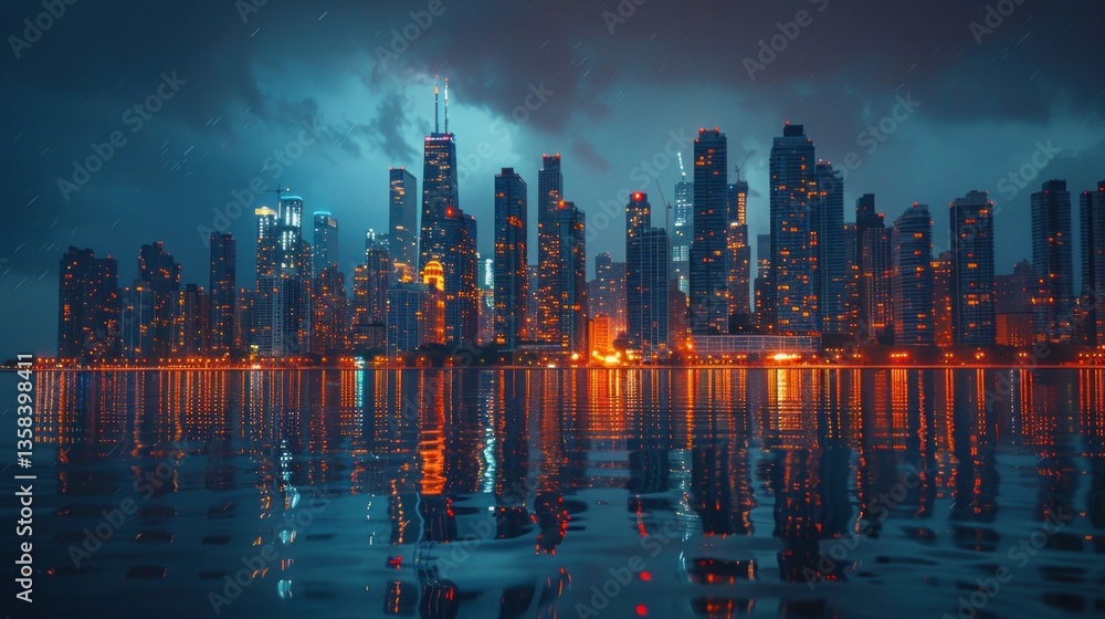 Fototapeta premium Night city skyline reflected in water, stormy weather, urban landscape, digital illustration
