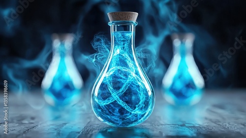 Dimly Lit Laboratory with Swirling Blue Liquid in Glass Bottle Emitting Ethereal Smoke Illustrating Magical Chemistry Effects