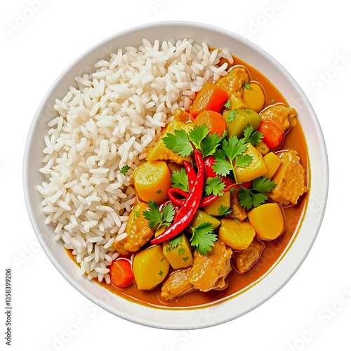  Chicken Curry with Rice in White Bowl, Top View
