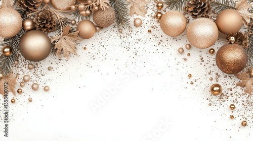 Elegant gold and bronze Christmas ornaments with pine branches and pinecones on a white background for festive designs