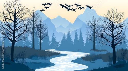 Winter landscape with a winding river flowing through a forest. Silhouettes of trees, mountains, and birds populate the scene against a soft,  cold winter morning