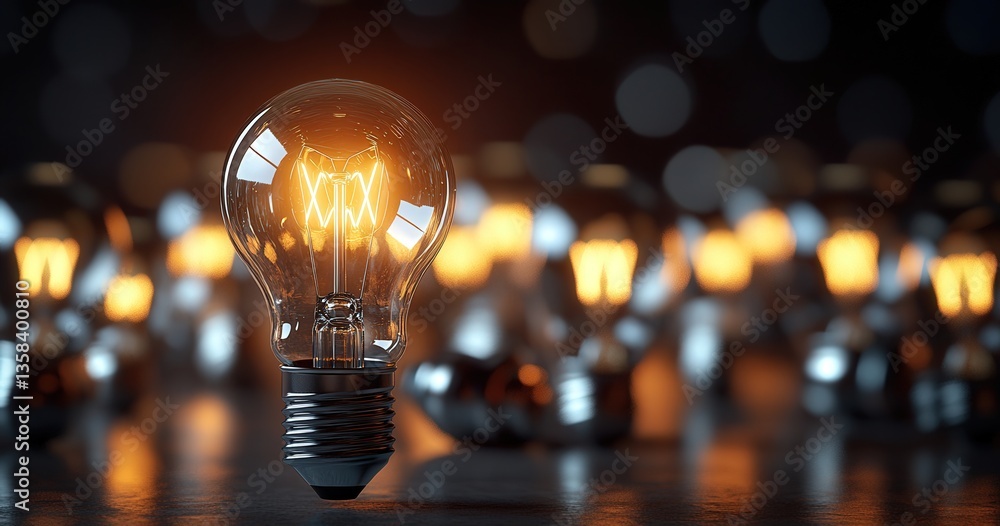 Glowing light bulb against a blurred backdrop of defocused bulbs. Glowing light bulb against a blurred backdrop of defocused bulbs.