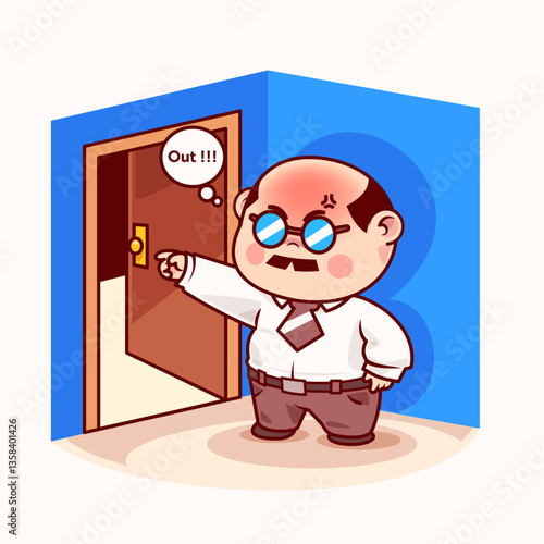 Cute cartoon flat vector Angry cartoon boss knocking at door, vector illustration