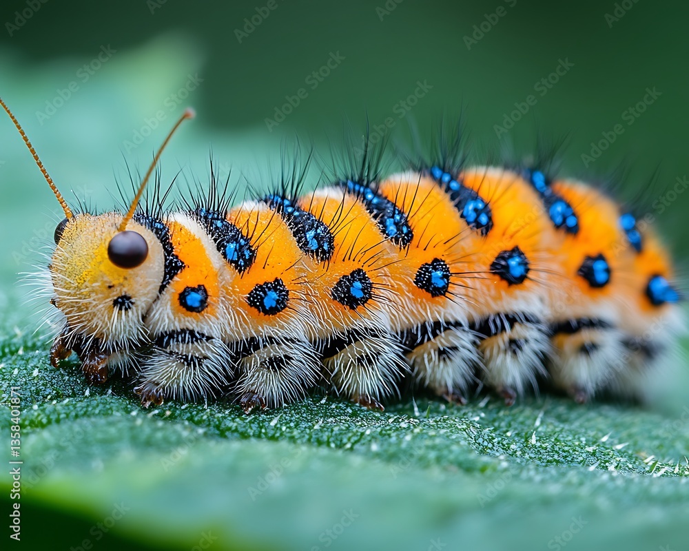 Fototapeta premium A colorful caterpillar with detailed patterns is resting on a leaf