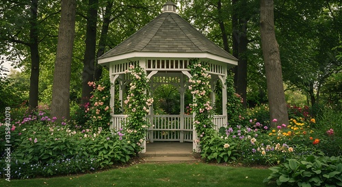 A charming white gazebo nestled among the trees, surrounded by climbing ivy and blooming flowers.