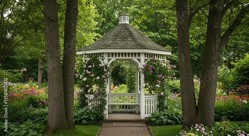 A charming white gazebo nestled among the trees, surrounded by climbing ivy and blooming flowers.