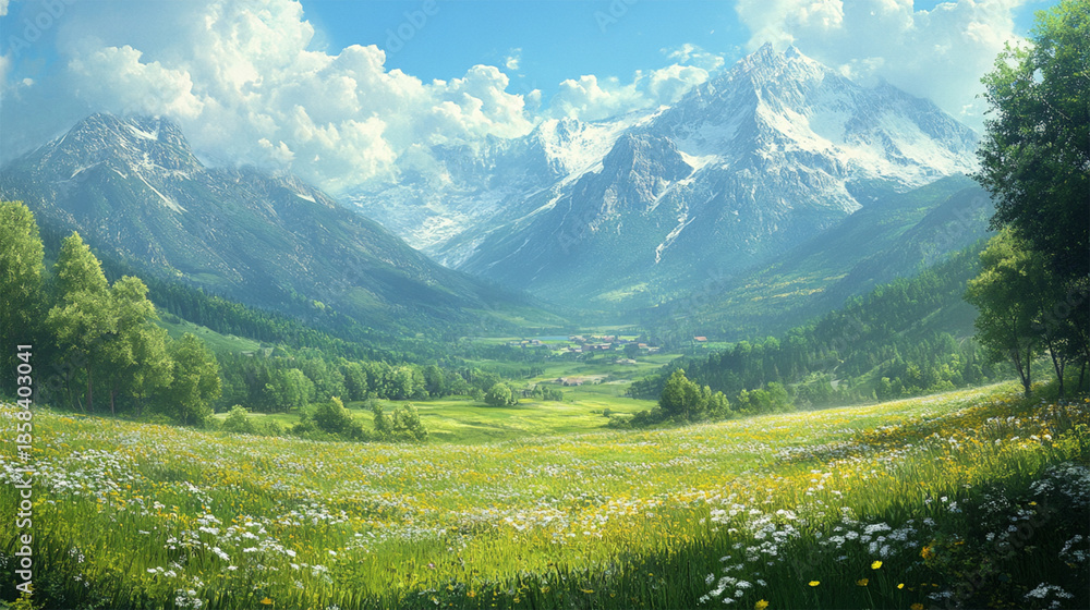 Naklejka premium mountain, landscape, sky, nature, mountains, grass, summer, forest, meadow, clouds, view, green, hill, travel, panorama, alps, field, valley, panoramic, snow, scenery, cloud, alpine, peak, beautiful